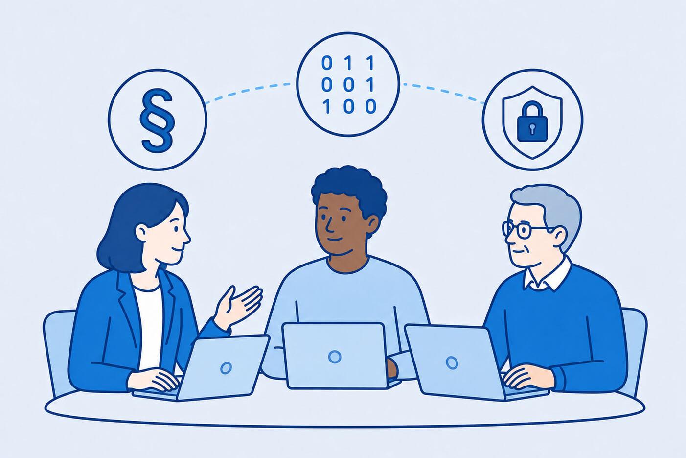 Drei Personen mit Laptop sitzen um einen Schreibtisch und verkörpern die Rechtsberatung, den Datenschutz-Profi und den Informationssicherheitsbeauftragten.