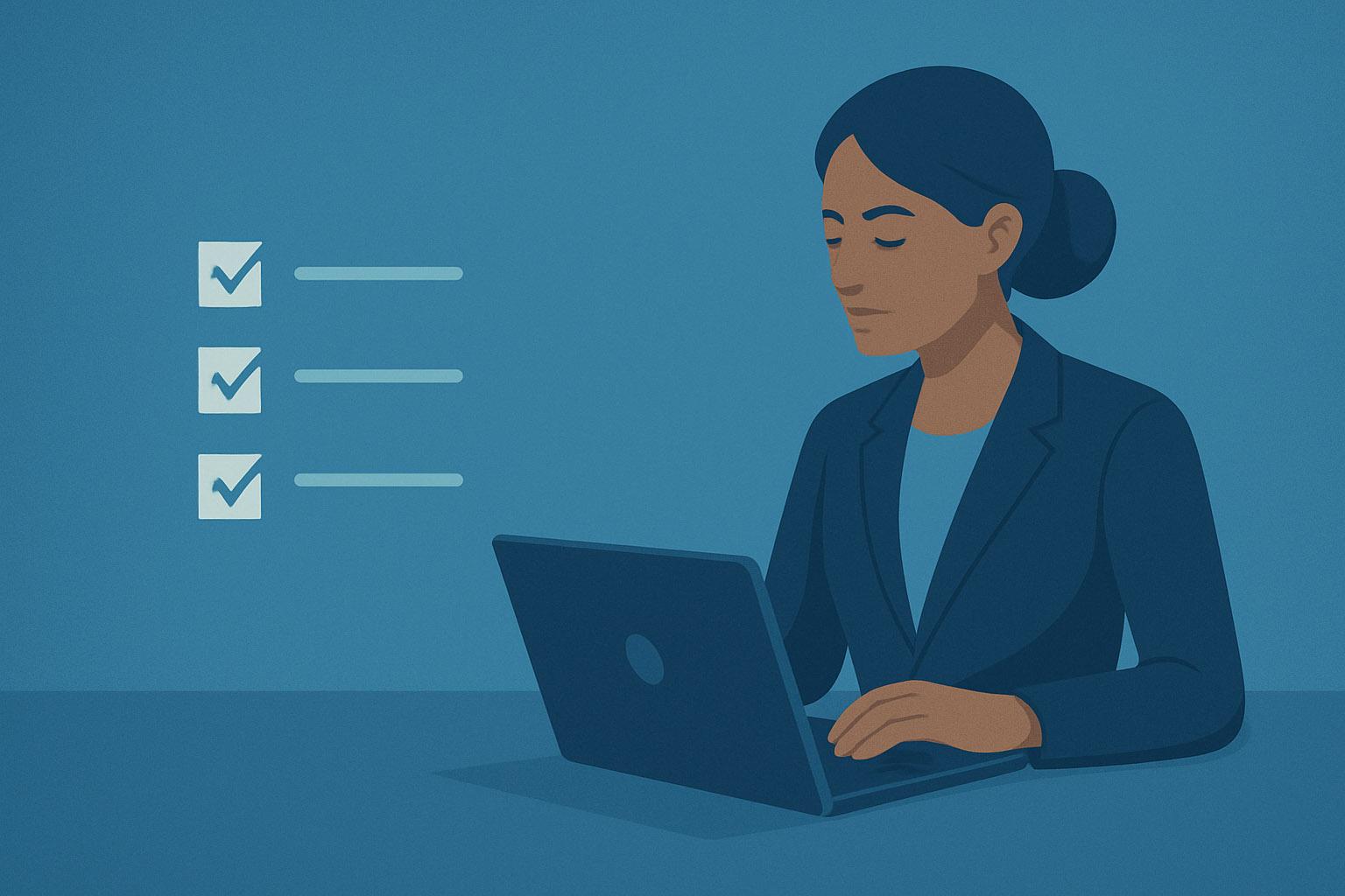 Eine Frau sitzt an einem Computer und geht eine Checkliste durch