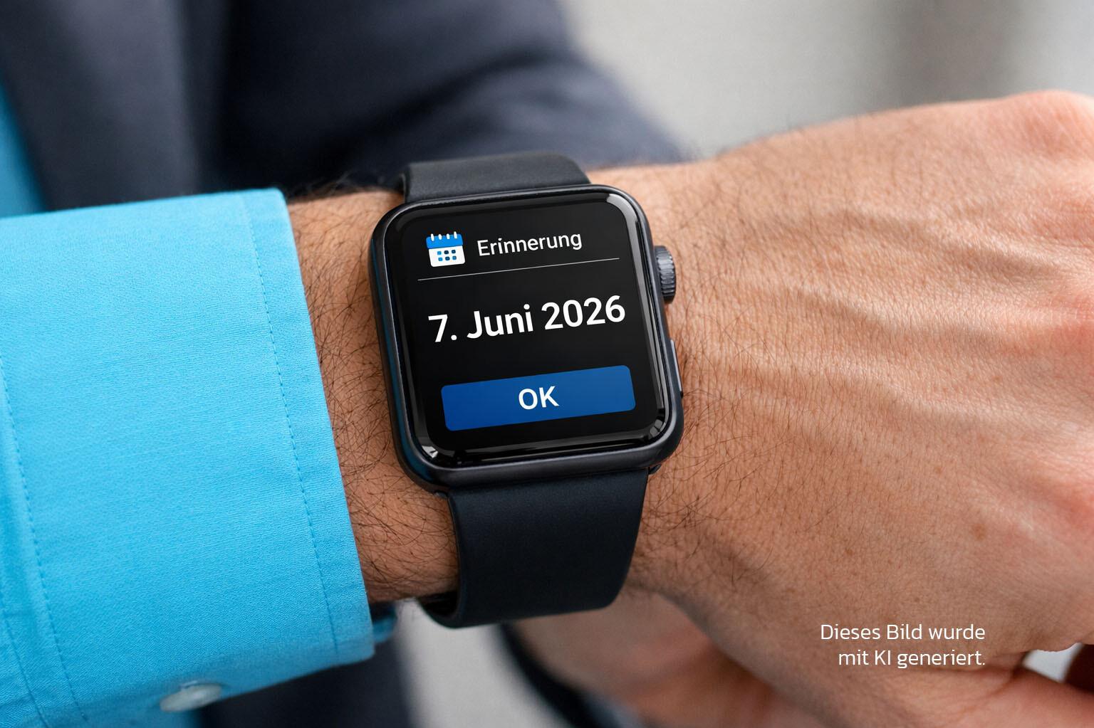 Hand eines Manns mit einer Smartwatch, die das Datum 7. Juni 2026 anzeigt. In einer Ecke ist der Vermerk: Dieses Bild wurde mit KI generiert. 