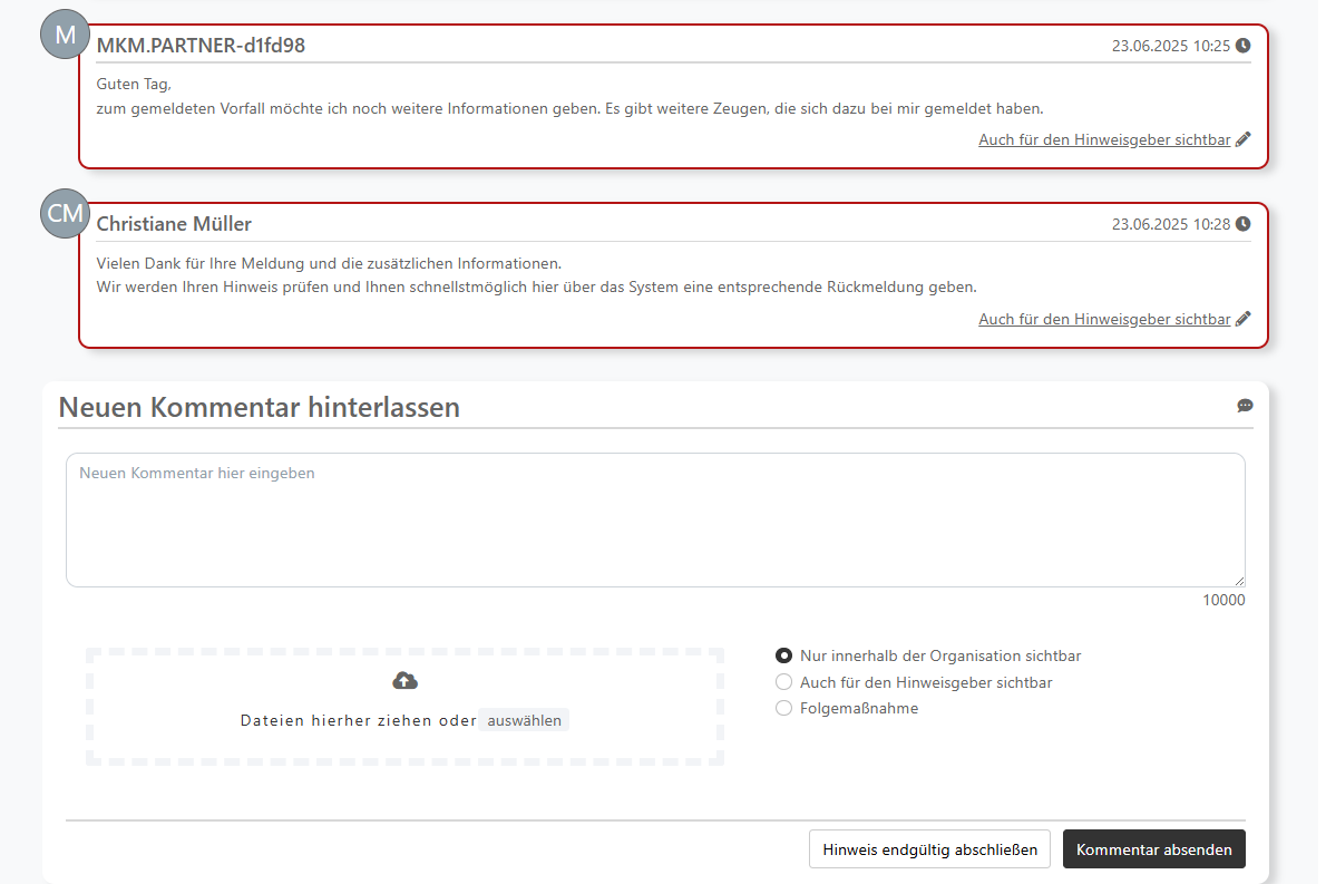 Screenshot Kommentare in White Sparrow Einige rot umrandete Kommentare sind sichtbar sowie darunter ein Eingabefeld für einen weiteren Kommentar