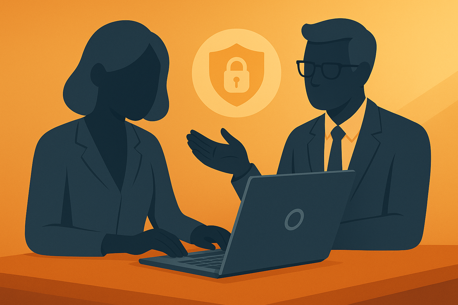 Externer Datenschutzbeauftragter für kleine Unternehmen Mann tippt auf Laptop, außerdem sind Datenschutz-Symbole zu sehen