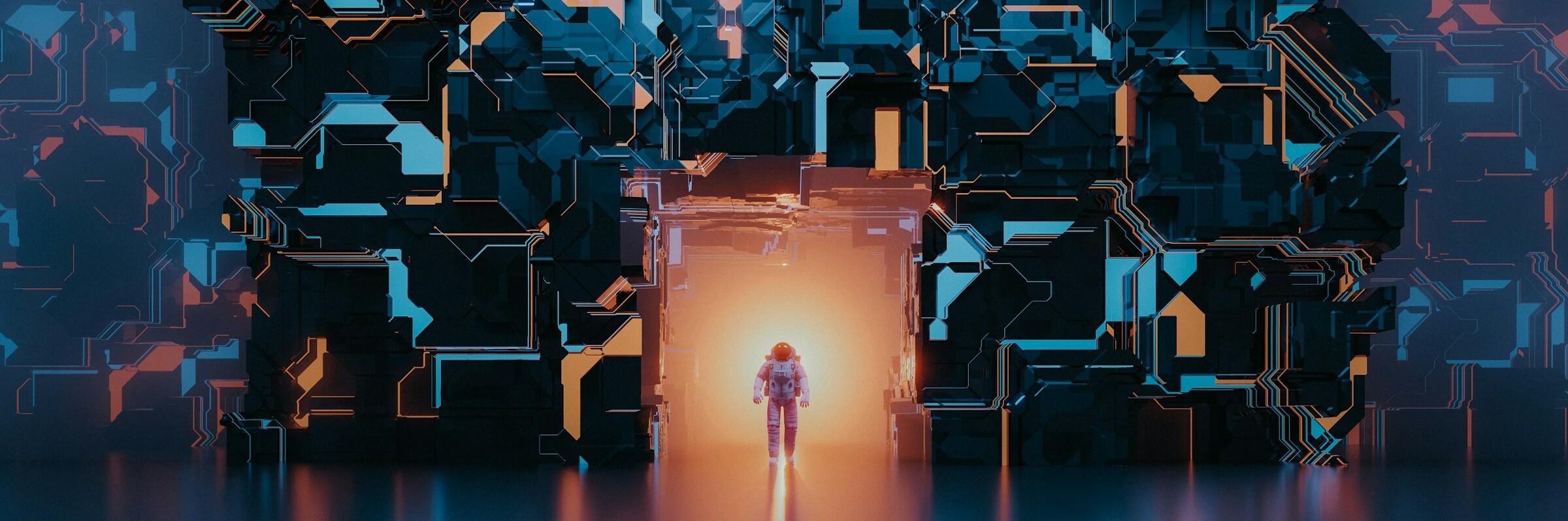 Astronaut geht durch Cyber-Tor