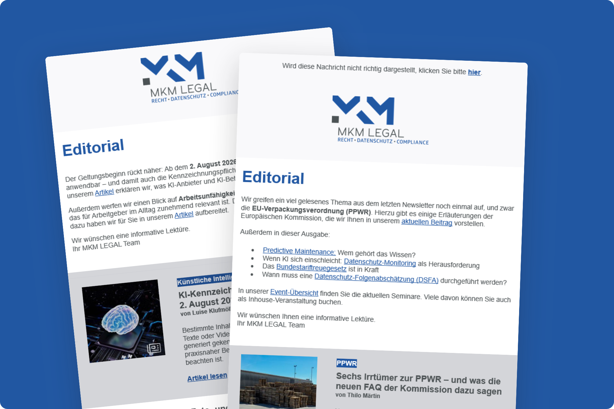 Newsletter Zwei Beispiel-Newsletter von MKM LEGAL auf blauem Hintergrund