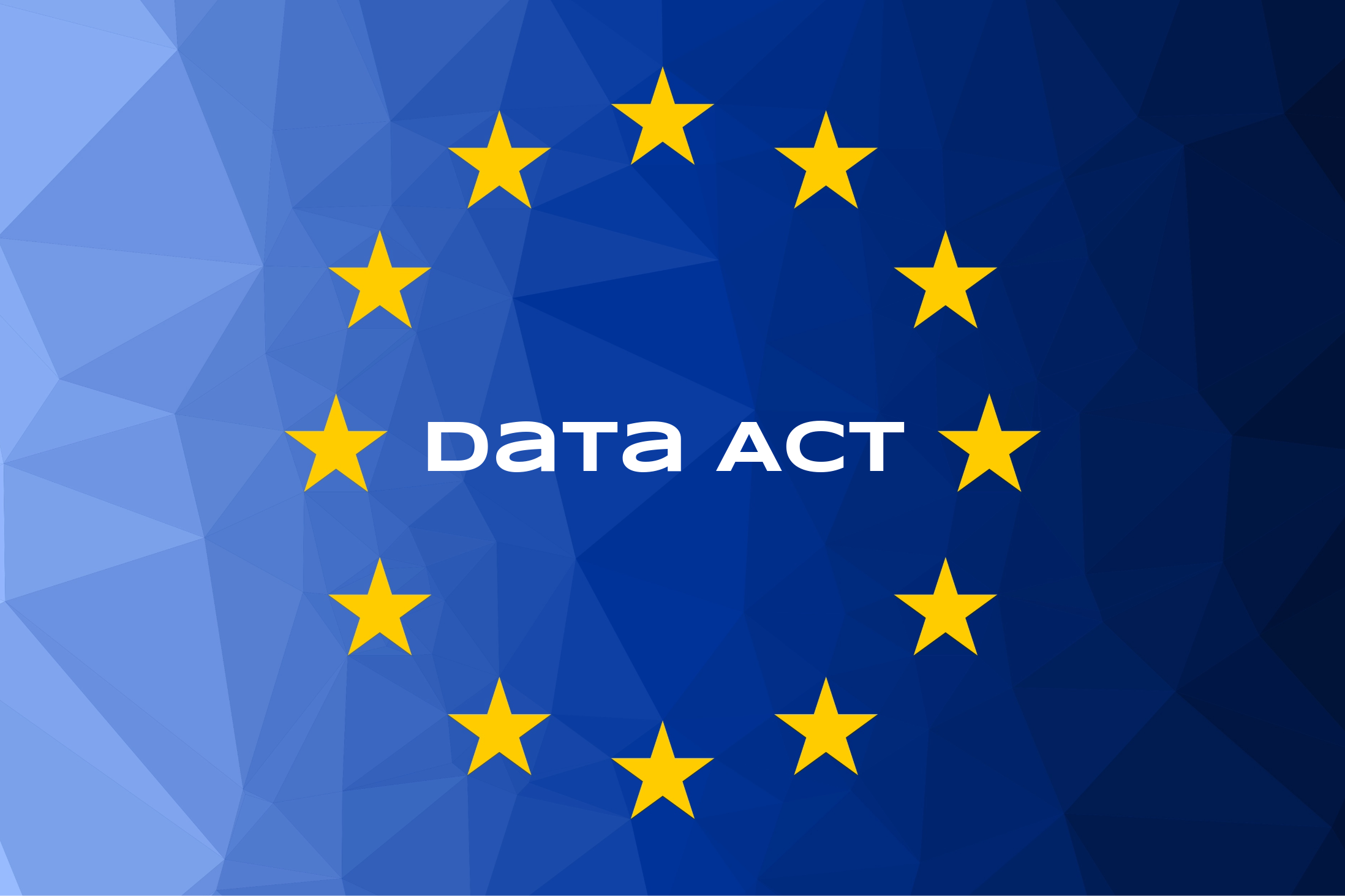 Data Act Zwölf gelbe Sterne im Kreis auf fragmentiertem blauen Hintergrund, in der Mitte steht "Data Act"