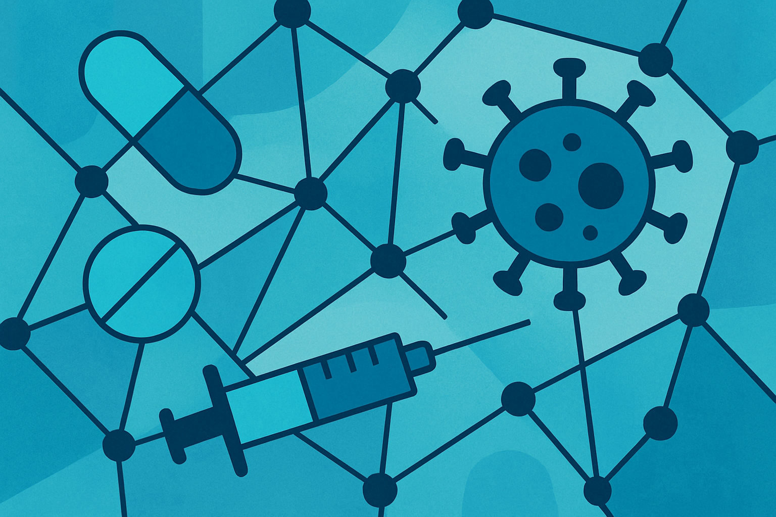 Pharma Branche Grafik mit Pharma-Motiven, zum Beispiel einem Gehirn, Medikamenten und Viren