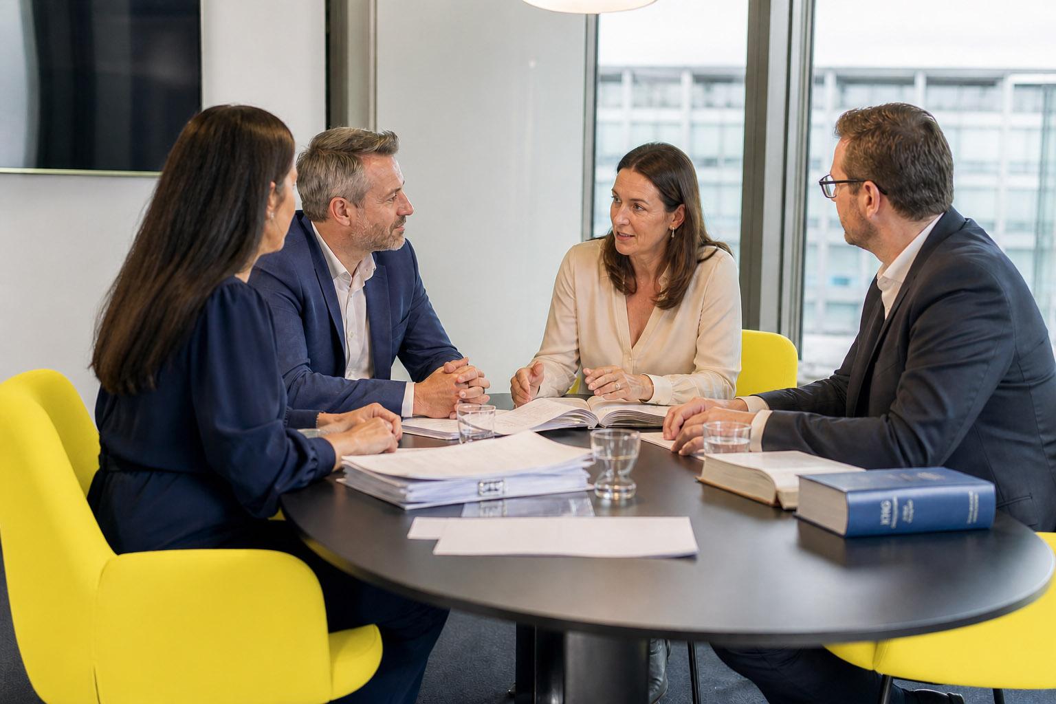 Gespräch Vier Personen sitzen um einen Tisch herum und sprechen miteinander, zwischen ihnen befinden sich viele Unterlagen