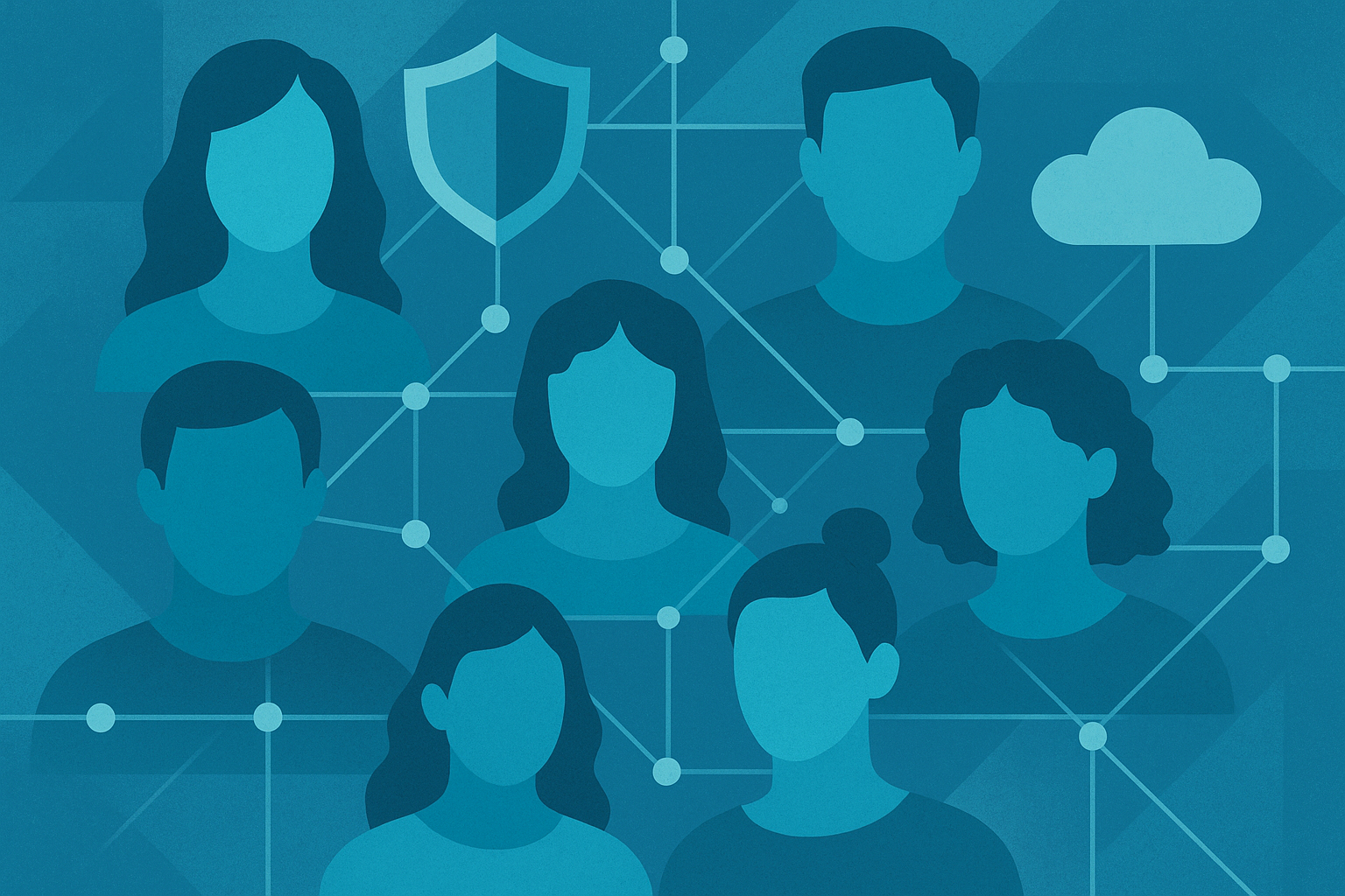 Datenschutz Experten Abstrakte Personen in einem Netzwerk mit einem Datenschutz-Schild