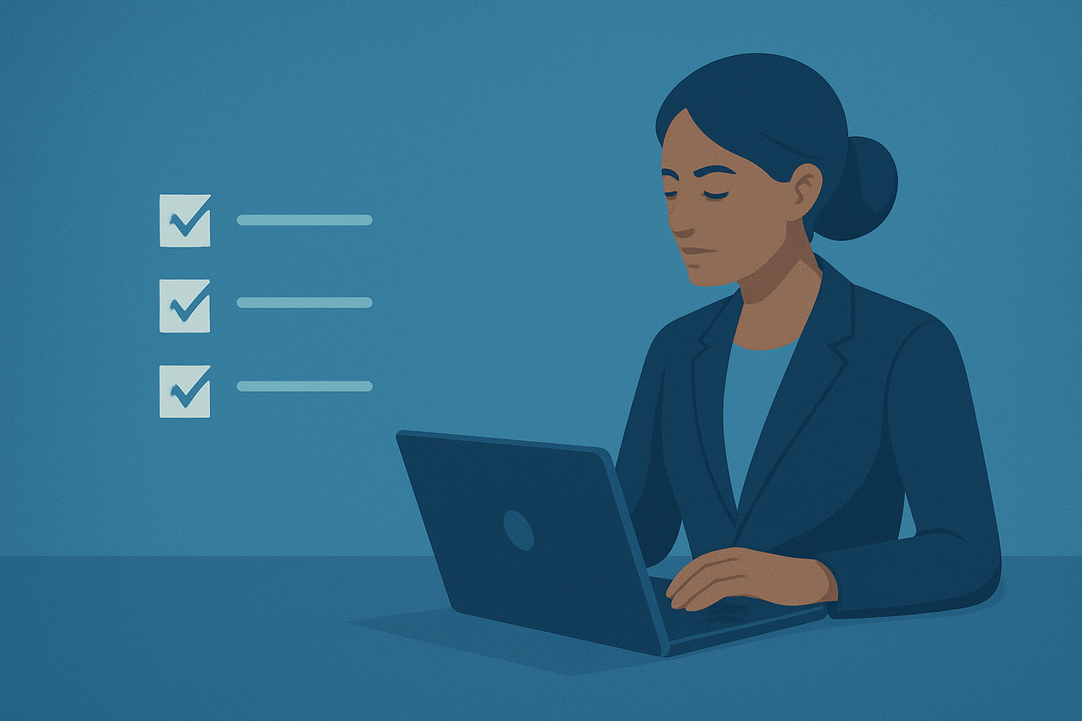 Bestandsaufnahme Eine Frau sitzt an einem Computer und geht eine Checkliste durch