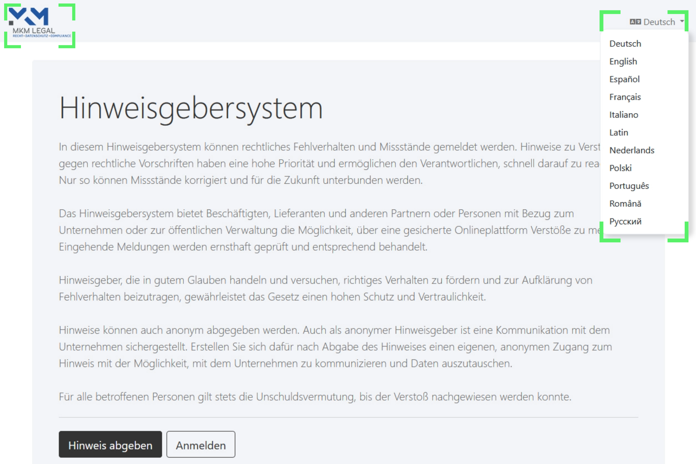 Screenshot Startseite Hinweisgebersystem Startseite der Hinweisgeberplattform mit individualisierbarem Text, individualisierbarem Logo sowie der Sprach-Auswahl