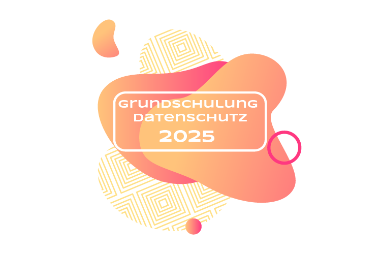 Bunte Elemente mit der Schrift "Grundschulung Datenschutz 2025"