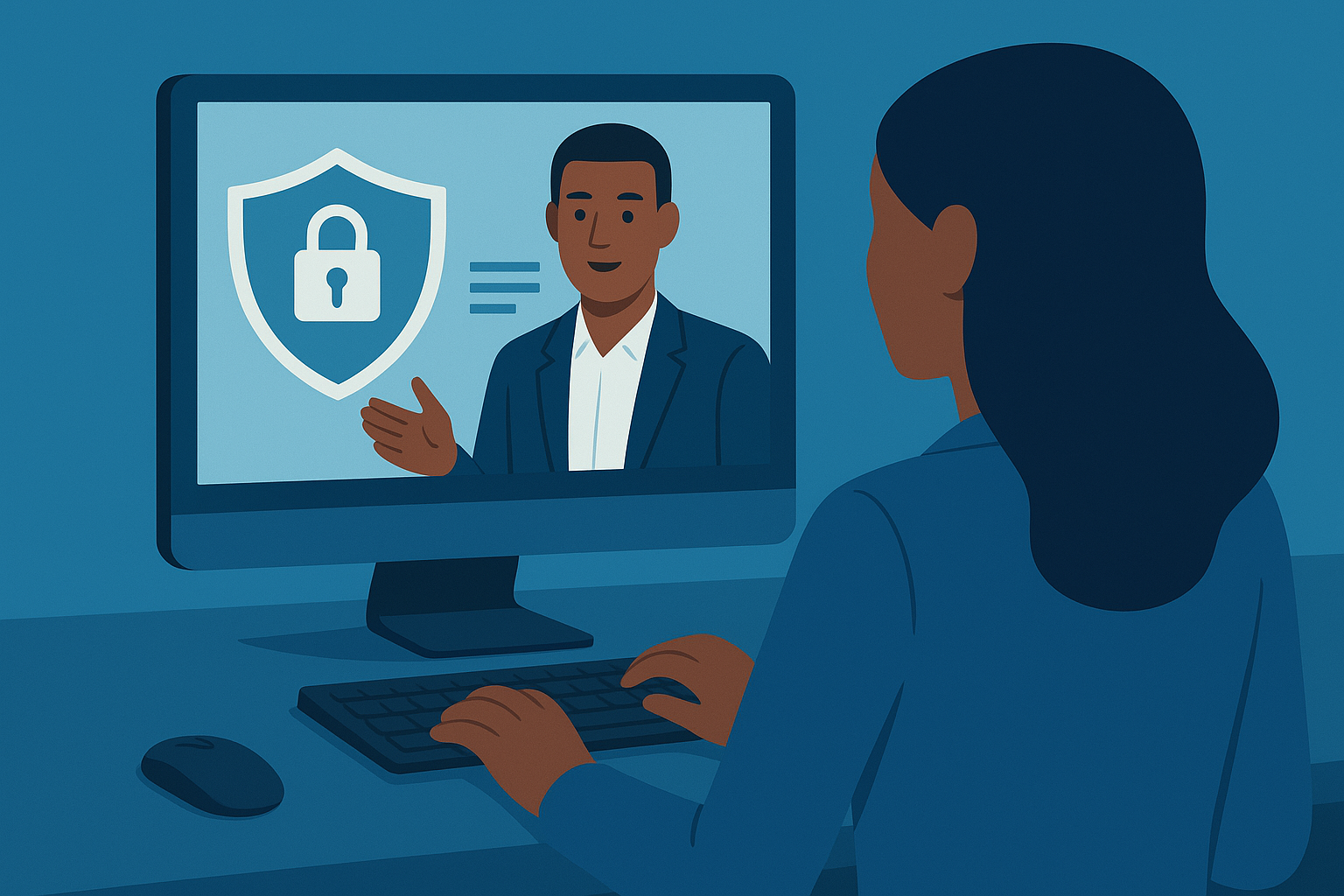 Online-Schulung Eine Frau sitzt vor einem Computer und erhält eine Online-Unterweisung