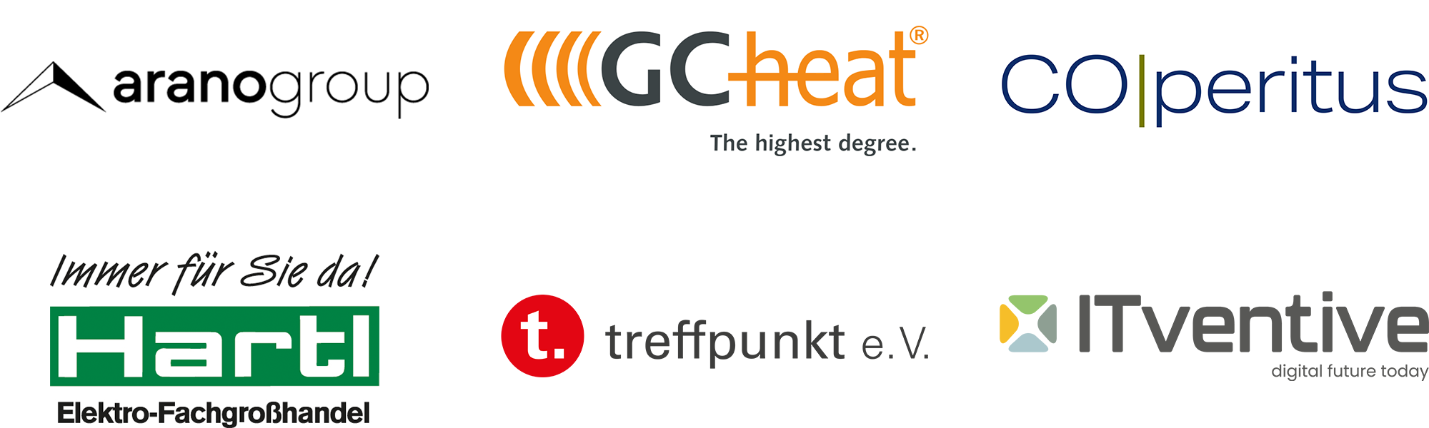 Referenzlogos der Firmen aranogroup, GC heat, Coperitus, Hartl Elektro-Großhandel, treffpunkt e.V., ITventive