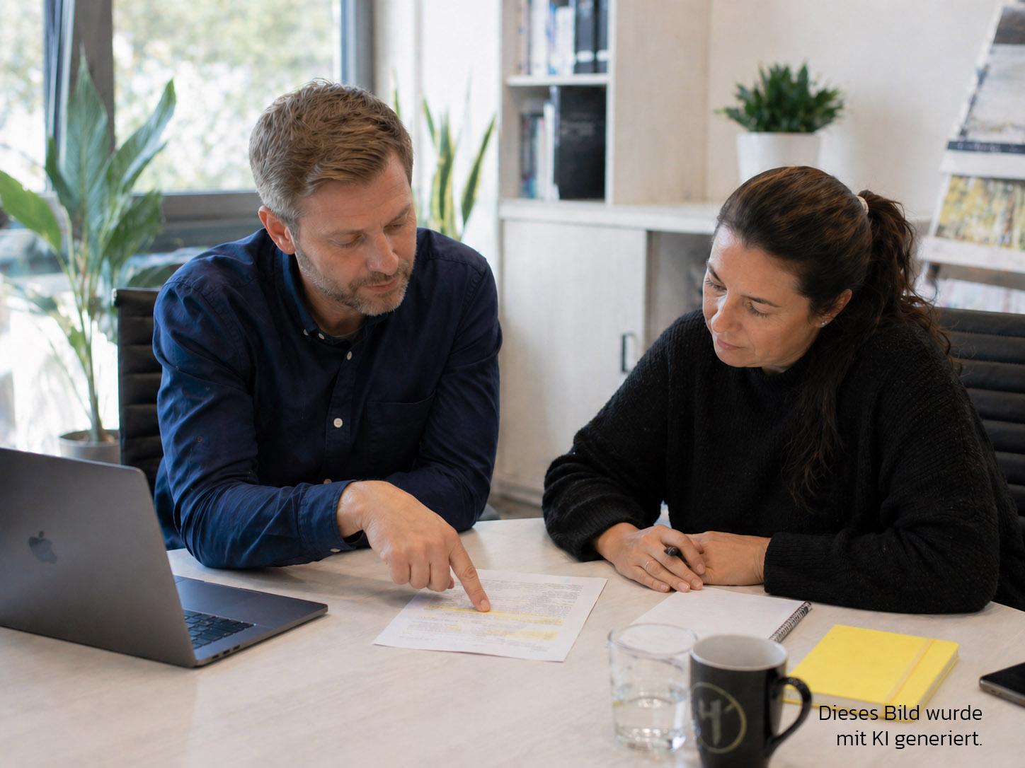 Compliance Zwei Personen sitzen an einem Schreibtisch und eine Person zeigt der anderen eine gelbe Markierung auf einem Blatt Papier. Daneben liegt ein gelbes Notizbuch. 