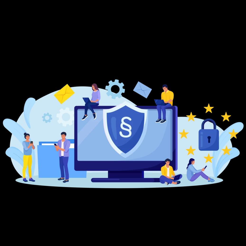 Illustration mit Personen, die um einen Bildschirm herum sitzen, der mit einem Schild geschützt ist