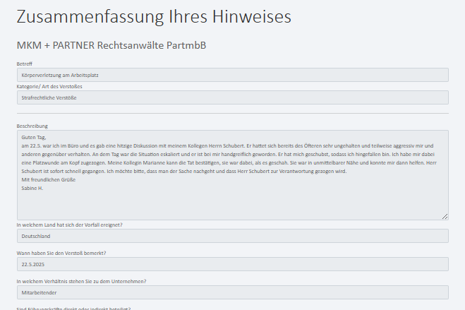 Screenshot Zusammenfassung des Hinweises Zusammenfassung eines Hinweises mit verschiedenen ausgefüllten Feldern wie Name oder Datum