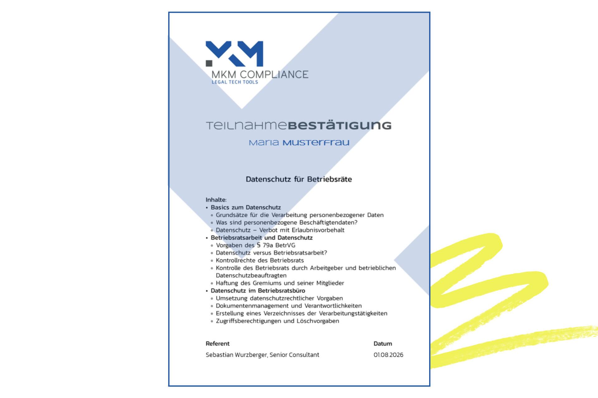 Teilnahmebestätigung vom Seminar Datenschutz für Betriebsräte Beispiel-Teilnahmebestätigung