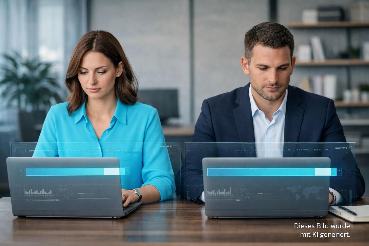 Paarvergleich Eine Frau und ein Mann sitzen nebeneinander vor ihren Laptops, davor sind zwei Ladebalken eingeblendet und der vom Mann ist länger. In einer Ecke ist der Vermerk: Dieses Bild wurde mit KI generiert. 