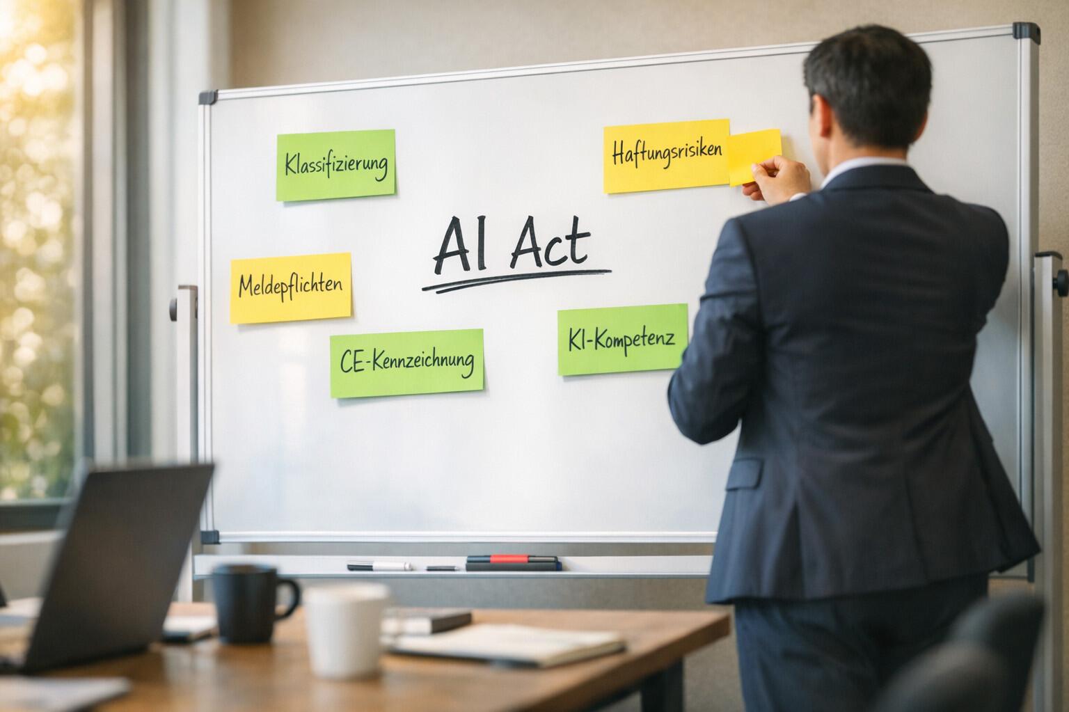 Schulung KI-Kompetenz Ein Mann im Anzug steht vor einem Whiteboard und klebt bunte Zettel mit Stichwörtern zum "AI Act" daran. 