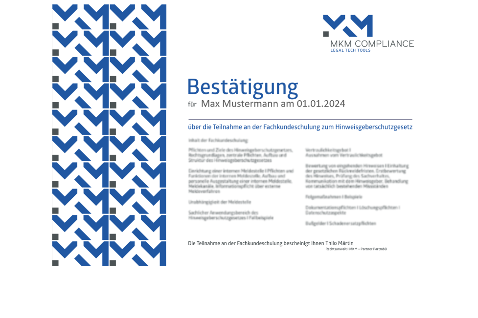 MKM Zertifikat Fachkundenachweis.png Muster-Zertifikat für die Teilnahme an der Fachkundeschulung Hinweisgeberschutzgesetz