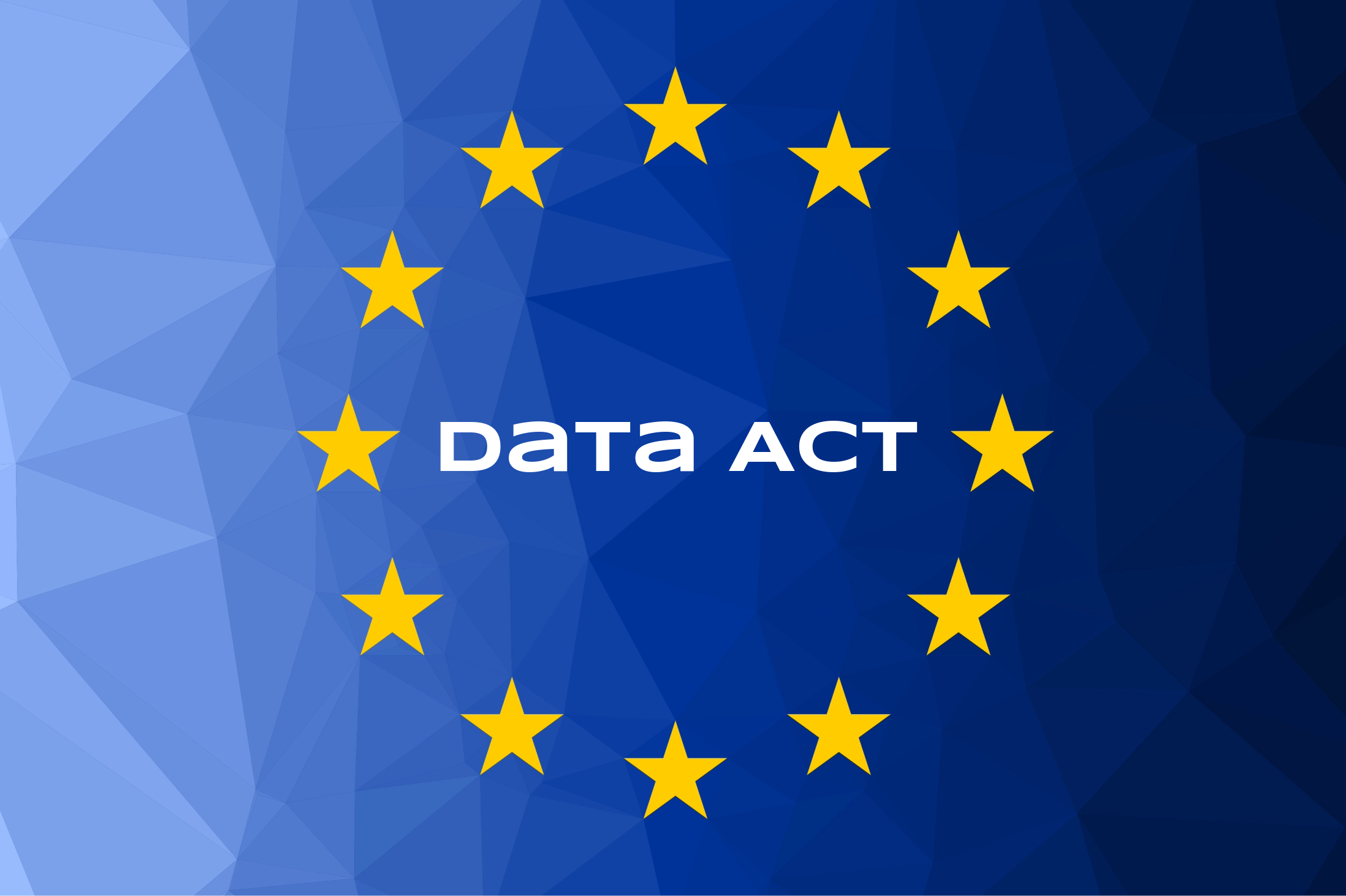 Data Act Zwölf Sterne in einem Kreis auf blau gemustertem Hintergrund; in der Mitte steht "Data Act"