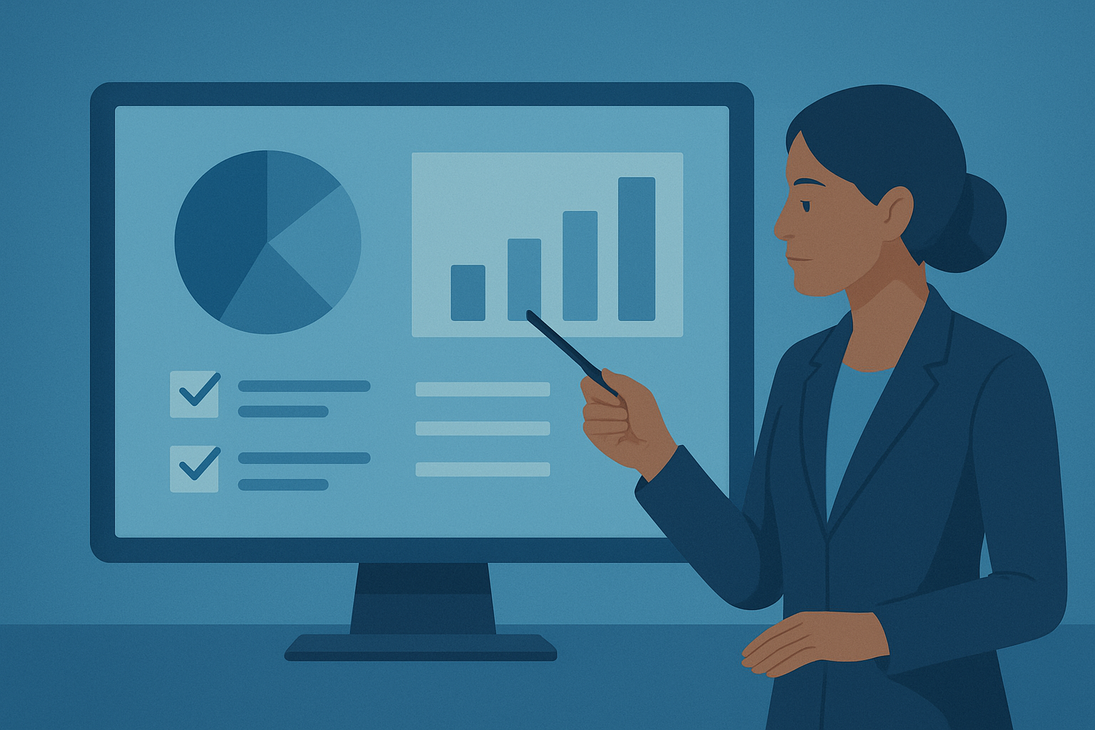 Ergebnisse in der Übersicht Eine Frau steht neben einem Bildschirm und erklärt einige Grafiken