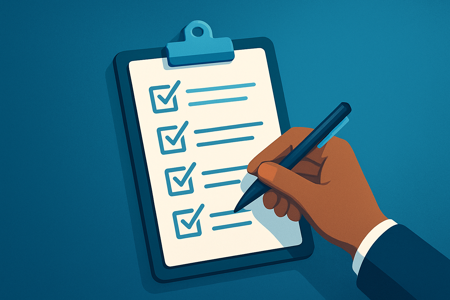 Checkliste Eine Hand mit einem Stift hakt eine Checkliste ab